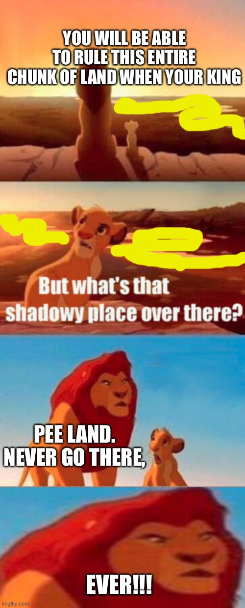 Simba Shadowy Place Meme |  YOU WILL BE ABLE TO RULE THIS ENTIRE CHUNK OF LAND WHEN YOUR KING; PEE LAND. NEVER GO THERE, EVER!!! | image tagged in memes,simba shadowy place | made w/ Imgflip meme maker