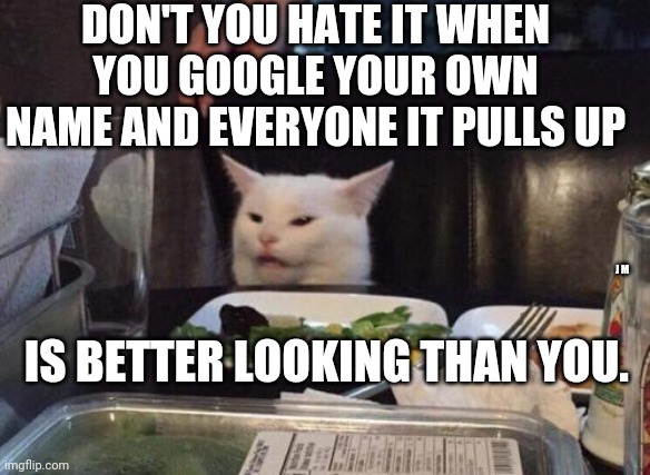 Salad cat | DON'T YOU HATE IT WHEN YOU GOOGLE YOUR OWN NAME AND EVERYONE IT PULLS UP; J M; IS BETTER LOOKING THAN YOU. | image tagged in salad cat | made w/ Imgflip meme maker