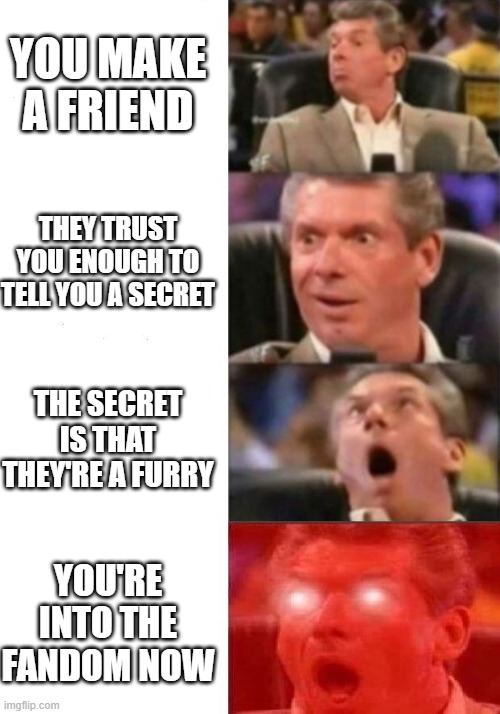 Mr. McMahon reaction | YOU MAKE A FRIEND; THEY TRUST YOU ENOUGH TO TELL YOU A SECRET; THE SECRET IS THAT THEY'RE A FURRY; YOU'RE INTO THE FANDOM NOW | image tagged in mr mcmahon reaction | made w/ Imgflip meme maker