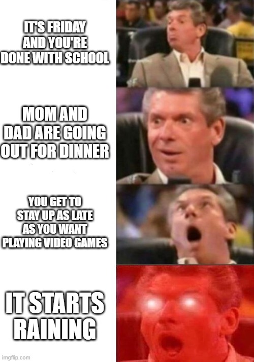 Mr. McMahon reaction | IT'S FRIDAY AND YOU'RE DONE WITH SCHOOL; MOM AND DAD ARE GOING OUT FOR DINNER; YOU GET TO STAY UP AS LATE AS YOU WANT PLAYING VIDEO GAMES; IT STARTS RAINING | image tagged in mr mcmahon reaction | made w/ Imgflip meme maker