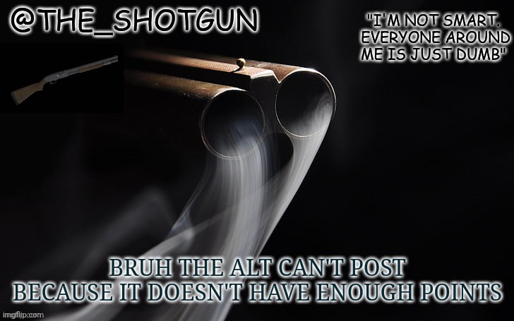 Yet another temp for shotgun | BRUH THE ALT CAN'T POST BECAUSE IT DOESN'T HAVE ENOUGH POINTS | image tagged in yet another temp for shotgun | made w/ Imgflip meme maker
