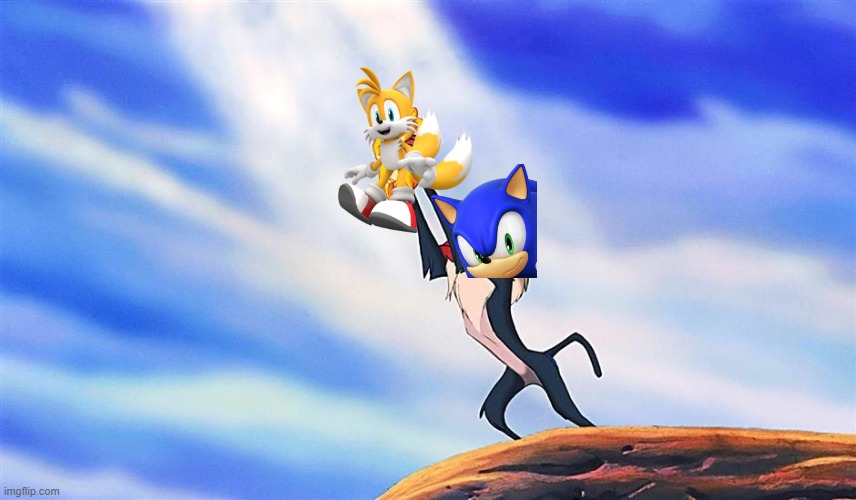 sonic meets tails in a nutshell | image tagged in lion king rafiki simba,sonic the hedgehog,tails,tails the fox | made w/ Imgflip meme maker