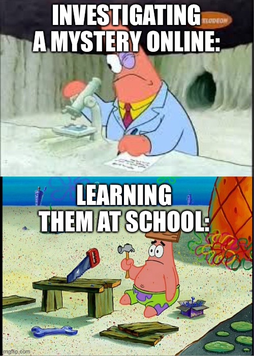 PAtrick, Smart Dumb | INVESTIGATING A MYSTERY ONLINE:; LEARNING THEM AT SCHOOL: | image tagged in patrick smart dumb | made w/ Imgflip meme maker