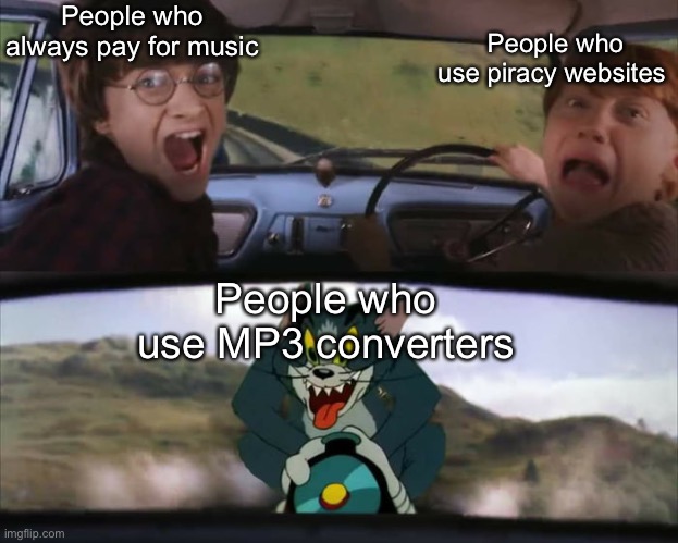 I use mp3 converters for music | People who always pay for music; People who use piracy websites; People who use MP3 converters | image tagged in harry potter train | made w/ Imgflip meme maker