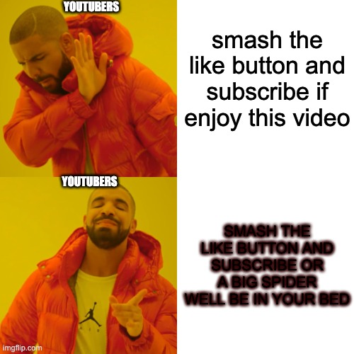 smash the like button and subscribe if enjoy this video SMASH THE LIKE BUTTON AND SUBSCRIBE OR A BIG SPIDER WELL BE IN YOUR BED YOUTUBERS YO | image tagged in memes,drake hotline bling | made w/ Imgflip meme maker