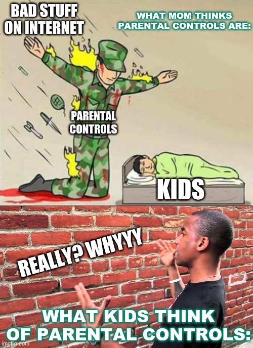 i guess! | WHAT MOM THINKS PARENTAL CONTROLS ARE:; BAD STUFF ON INTERNET; PARENTAL CONTROLS; KIDS; REALLY? WHYYY; WHAT KIDS THINK OF PARENTAL CONTROLS: | image tagged in parentalcontrols | made w/ Imgflip meme maker