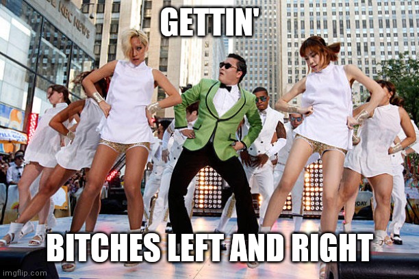 Gangnam style with chicks | GETTIN' BITCHES LEFT AND RIGHT | image tagged in gangnam style with chicks | made w/ Imgflip meme maker
