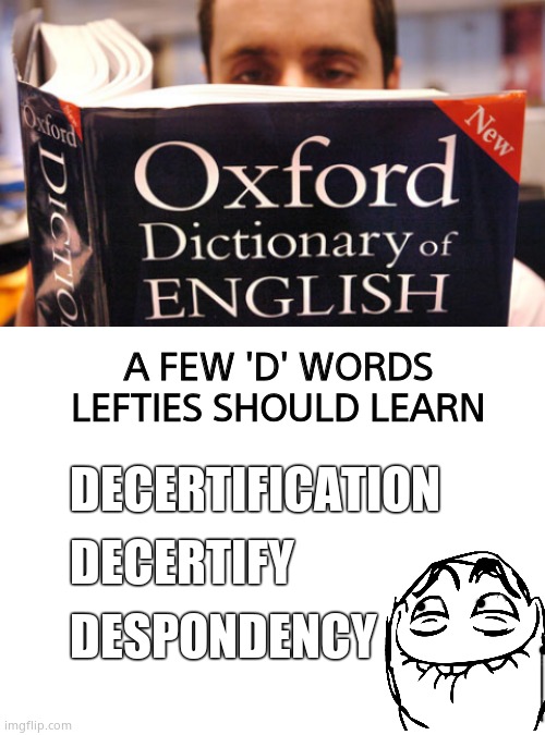 The 'D's | A FEW 'D' WORDS
LEFTIES SHOULD LEARN; DECERTIFICATION; DECERTIFY; DESPONDENCY | image tagged in dictionary,donald trump,creepy joe biden,2020 elections,cheating,political meme | made w/ Imgflip meme maker