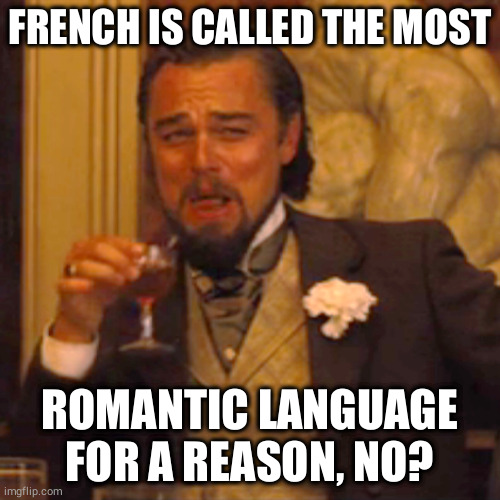 Laughing Leo Meme | FRENCH IS CALLED THE MOST ROMANTIC LANGUAGE FOR A REASON, NO? | image tagged in memes,laughing leo | made w/ Imgflip meme maker