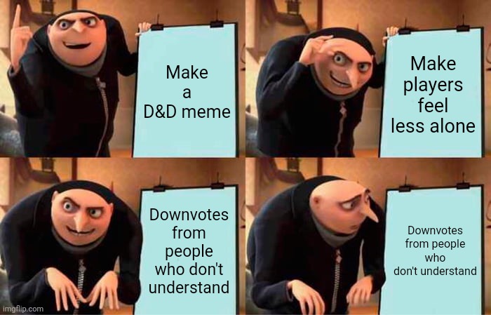 Gru's Plan |  Make a D&D meme; Make players feel less alone; Downvotes from people who don't understand; Downvotes from people who don't understand | image tagged in memes,gru's plan,dnd | made w/ Imgflip meme maker