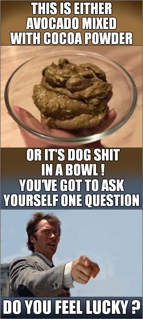 Do You Feel Lucky ? | THIS IS EITHER AVOCADO MIXED WITH COCOA POWDER; OR IT'S DOG SHIT
IN A BOWL ! YOU'VE GOT TO ASK YOURSELF ONE QUESTION; DO YOU FEEL LUCKY ? | image tagged in avocado,cocoa,dog shit,dark humour | made w/ Imgflip meme maker