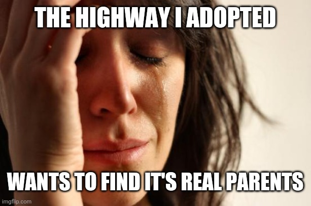 First World Problems Meme | THE HIGHWAY I ADOPTED WANTS TO FIND IT'S REAL PARENTS | image tagged in memes,first world problems | made w/ Imgflip meme maker