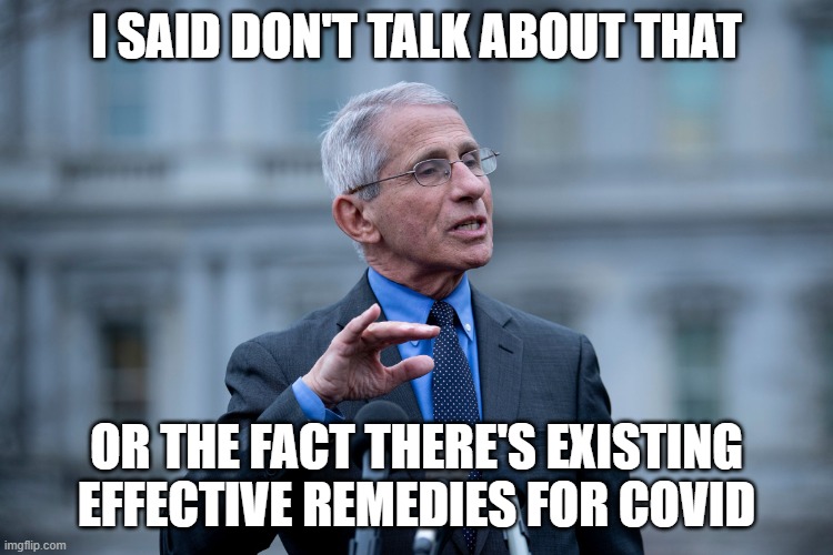 Fauci | I SAID DON'T TALK ABOUT THAT OR THE FACT THERE'S EXISTING EFFECTIVE REMEDIES FOR COVID | image tagged in fauci | made w/ Imgflip meme maker