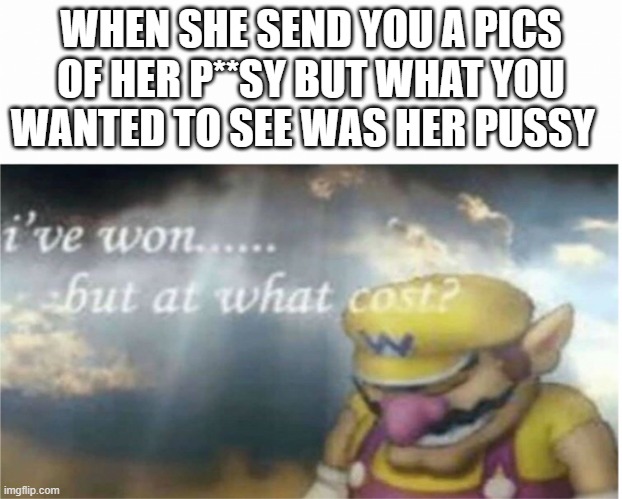 A cat is cuter | WHEN SHE SEND YOU A PICS OF HER P**SY BUT WHAT YOU WANTED TO SEE WAS HER PUSSY | image tagged in i won but at what cost | made w/ Imgflip meme maker