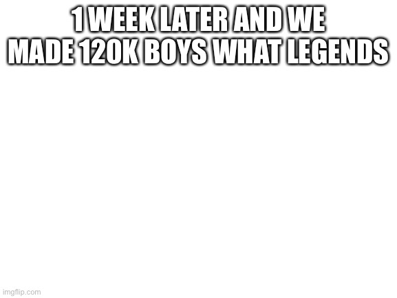 Blank White Template |  1 WEEK LATER AND WE MADE 120K BOYS WHAT LEGENDS | image tagged in blank white template | made w/ Imgflip meme maker