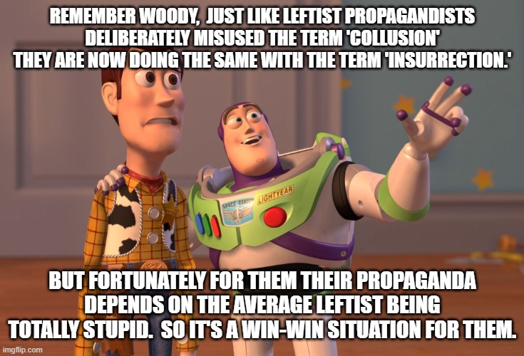 When you control the definitions you can direct the nation.  Marxism 101. | REMEMBER WOODY,  JUST LIKE LEFTIST PROPAGANDISTS DELIBERATELY MISUSED THE TERM 'COLLUSION' THEY ARE NOW DOING THE SAME WITH THE TERM 'INSURRECTION.'; BUT FORTUNATELY FOR THEM THEIR PROPAGANDA DEPENDS ON THE AVERAGE LEFTIST BEING TOTALLY STUPID.  SO IT'S A WIN-WIN SITUATION FOR THEM. | image tagged in memes,x x everywhere | made w/ Imgflip meme maker