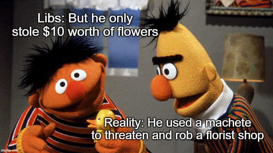 Liberal/Reality | Libs: But he only stole $10 worth of flowers; Reality: He used a machete to threaten and rob a florist shop | image tagged in ernie and bert discuss rubber duckie | made w/ Imgflip meme maker