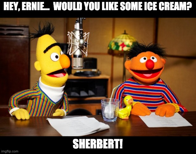ice cream | HEY, ERNIE...  WOULD YOU LIKE SOME ICE CREAM? SHERBERT! | image tagged in bert and ernie radio | made w/ Imgflip meme maker