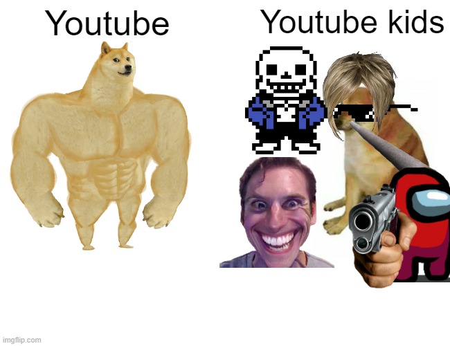 Youtube kids | Youtube; Youtube kids | image tagged in memes,buff doge vs cheems | made w/ Imgflip meme maker