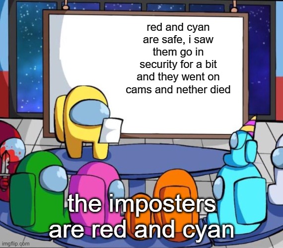XD | red and cyan are safe, i saw them go in security for a bit and they went on cams and nether died; the imposters are red and cyan | image tagged in among us presentation | made w/ Imgflip meme maker
