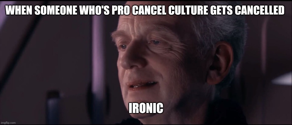 Ironic | WHEN SOMEONE WHO'S PRO CANCEL CULTURE GETS CANCELLED; IRONIC | image tagged in palpatine ironic | made w/ Imgflip meme maker