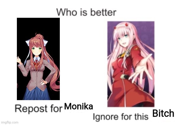 Repost for ignore for zero two | Monika; Bitch | image tagged in repost for ignore for zero two | made w/ Imgflip meme maker