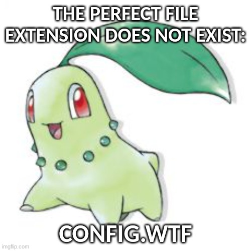 any more three letter file extensions that are popular internet acronyms? |  THE PERFECT FILE EXTENSION DOES NOT EXIST:; CONFIG.WTF | image tagged in chikorita,config,wtf,world,of,warcraft | made w/ Imgflip meme maker
