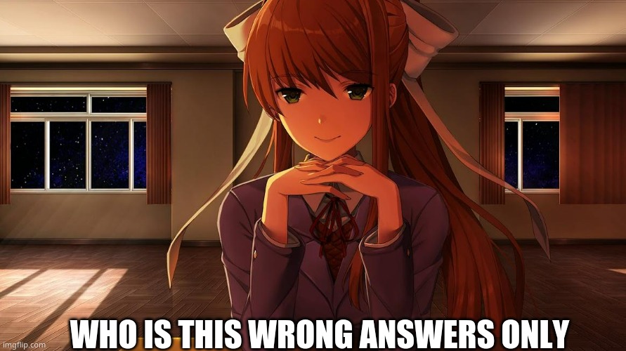 Monika | WHO IS THIS WRONG ANSWERS ONLY | image tagged in monika | made w/ Imgflip meme maker