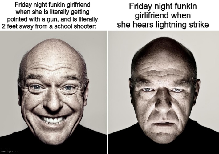 Dance when someone points a gun at you | Friday night funkin girlifriend when she hears lightning strike; Friday night funkin girlfriend when she is literally getting pointed with a gun, and is literally 2 feet away from a school shooter: | image tagged in dean norris's reaction,memes,gaming,funny memes,friday night funkin,lightning | made w/ Imgflip meme maker