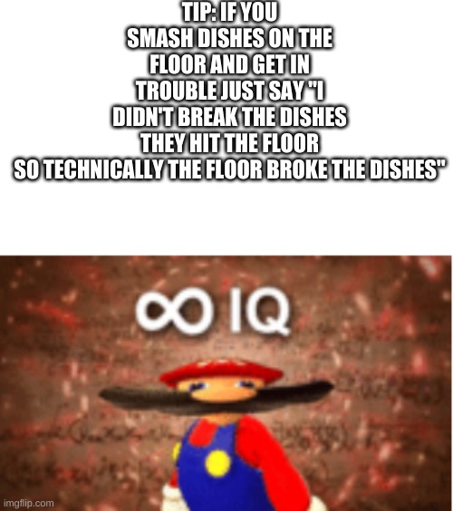 Infinite IQ | TIP: IF YOU SMASH DISHES ON THE FLOOR AND GET IN TROUBLE JUST SAY "I DIDN'T BREAK THE DISHES THEY HIT THE FLOOR SO TECHNICALLY THE FLOOR BROKE THE DISHES" | image tagged in infinite iq | made w/ Imgflip meme maker