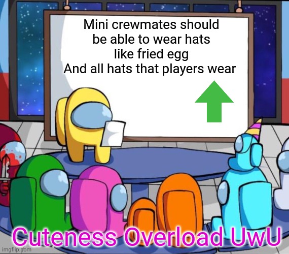 This would be a cool thing if Innersloth added this feature | Mini crewmates should be able to wear hats like fried egg
And all hats that players wear; Cuteness Overload UwU | image tagged in among us presentation,mini crewmate | made w/ Imgflip meme maker