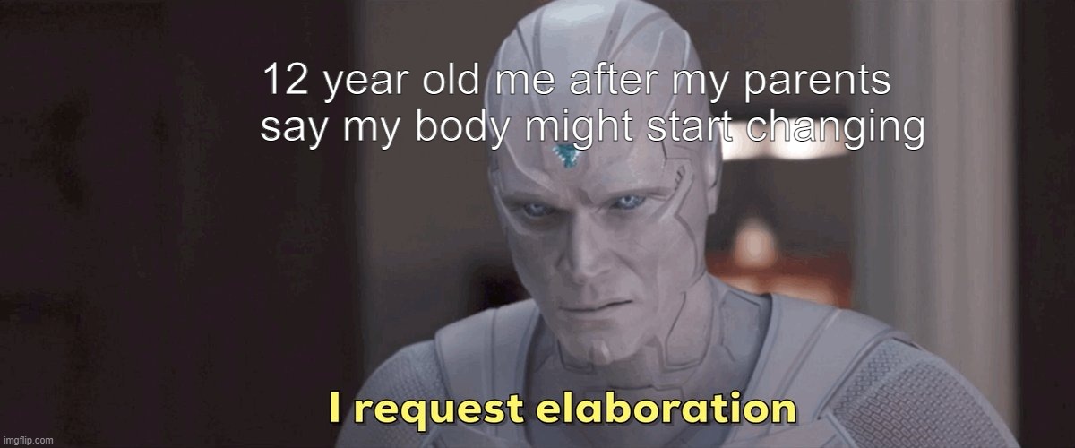 I request elaboration | 12 year old me after my parents say my body might start changing | image tagged in i request elaboration | made w/ Imgflip meme maker