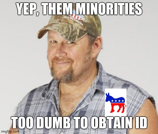 Larry The Cable Guy Meme | YEP, THEM MINORITIES TOO DUMB TO OBTAIN ID | image tagged in memes,larry the cable guy | made w/ Imgflip meme maker