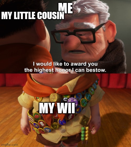 I would like to award you the highest honor I can bestow | ME; MY LITTLE COUSIN; MY WII | image tagged in i would like to award you the highest honor i can bestow | made w/ Imgflip meme maker
