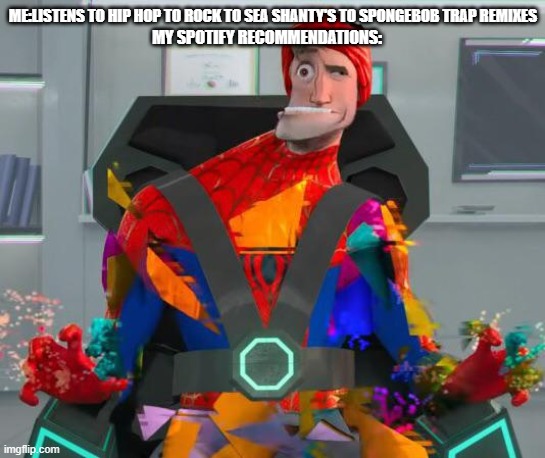 Spiderman glitch | ME:LISTENS TO HIP HOP TO ROCK TO SEA SHANTY'S TO SPONGEBOB TRAP REMIXES; MY SPOTIFY RECOMMENDATIONS: | image tagged in spiderman glitch | made w/ Imgflip meme maker