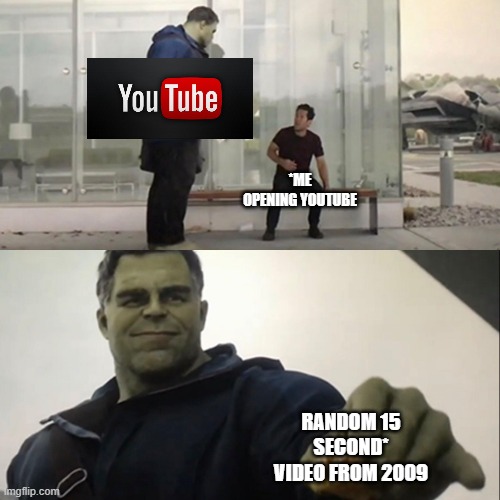 Hulk Taco | *ME OPENING YOUTUBE; RANDOM 15 SECOND* VIDEO FROM 2009 | image tagged in hulk taco | made w/ Imgflip meme maker