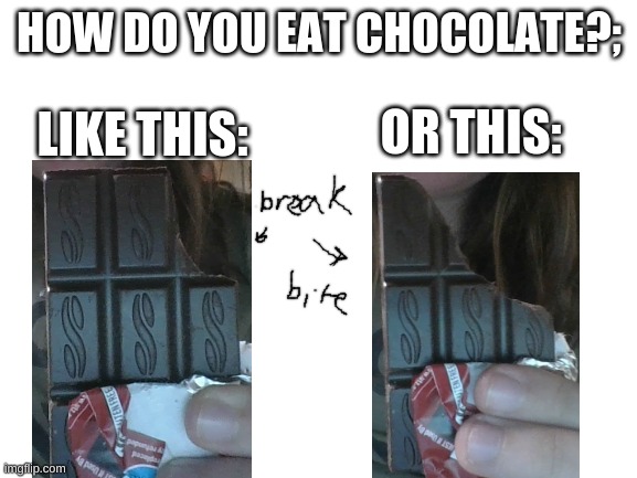 There are 2 types of ppl in this world.. | HOW DO YOU EAT CHOCOLATE?;; OR THIS:; LIKE THIS: | image tagged in chocolate | made w/ Imgflip meme maker