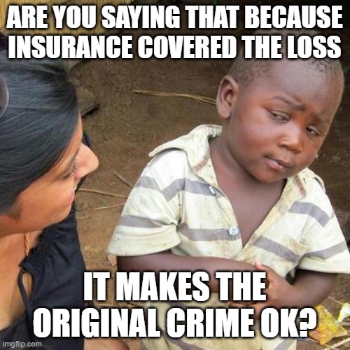 Third World Skeptical Kid Meme | ARE YOU SAYING THAT BECAUSE INSURANCE COVERED THE LOSS IT MAKES THE ORIGINAL CRIME OK? | image tagged in memes,third world skeptical kid | made w/ Imgflip meme maker