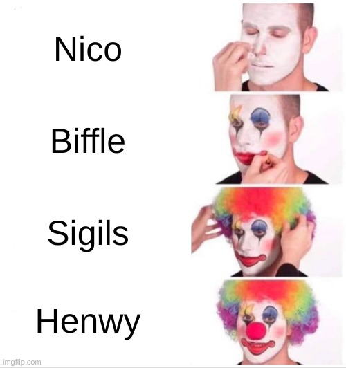 Clown Applying Makeup Meme | Nico; Biffle; Sigils; Henwy | image tagged in memes,clown applying makeup | made w/ Imgflip meme maker