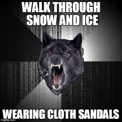 Insanity Wolf Meme | WALK THROUGH SNOW AND ICE WEARING CLOTH SANDALS | image tagged in memes,insanity wolf | made w/ Imgflip meme maker