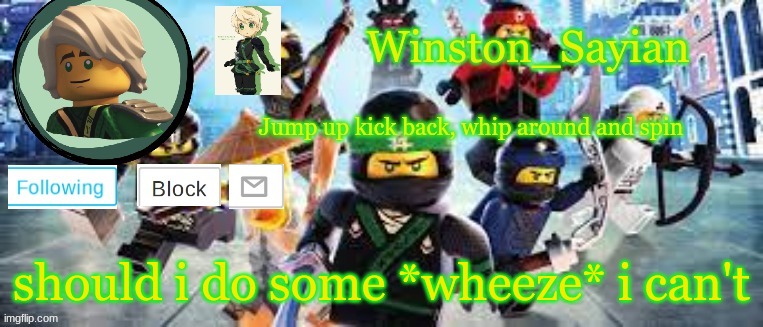 Winston's Ninjago Template | should i do some *wheeze* i can't | image tagged in winston's ninjago template | made w/ Imgflip meme maker