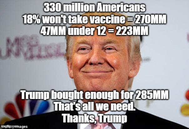 Donald trump approves | 330 million Americans
18% won't take vaccine = 270MM
47MM under 12 = 223MM; Trump bought enough for 285MM
That's all we need.
Thanks, Trump | image tagged in donald trump approves | made w/ Imgflip meme maker