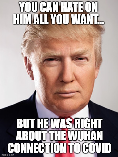 Trump and Covid | YOU CAN HATE ON HIM ALL YOU WANT... BUT HE WAS RIGHT ABOUT THE WUHAN CONNECTION TO COVID | image tagged in donald trump,winning,covid,truth,wuhan,china | made w/ Imgflip meme maker