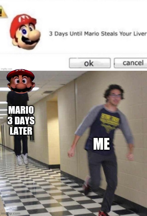 MARIO 3 DAYS LATER; ME | image tagged in floating boy chasing running boy | made w/ Imgflip meme maker
