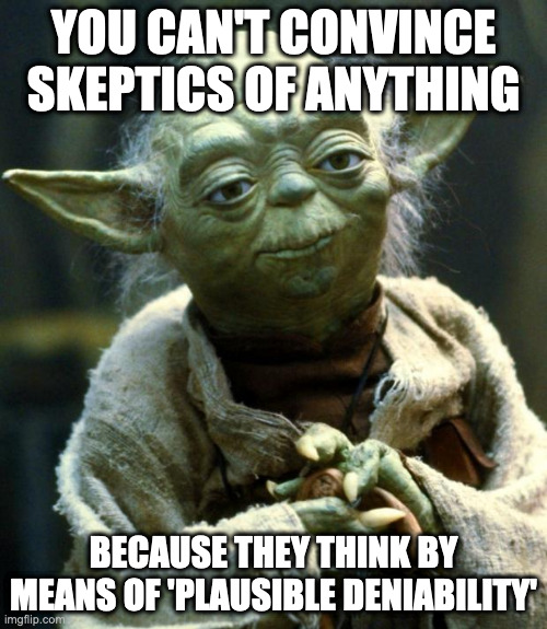 Star Wars Yoda | YOU CAN'T CONVINCE SKEPTICS OF ANYTHING; BECAUSE THEY THINK BY MEANS OF 'PLAUSIBLE DENIABILITY' | image tagged in memes,star wars yoda | made w/ Imgflip meme maker