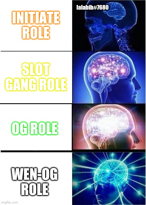 Expanding Brain | lalabib#7680; INITIATE ROLE; SLOT GANG ROLE; OG ROLE; WEN-OG ROLE | image tagged in memes,expanding brain | made w/ Imgflip meme maker