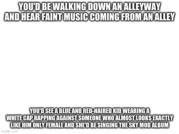 Fnf Rap? | YOU'D BE WALKING DOWN AN ALLEYWAY AND HEAR FAINT MUSIC COMING FROM AN ALLEY; YOU'D SEE A BLUE AND RED-HAIRED KID WEARING A WHITE CAP RAPPING AGAINST SOMEONE WHO ALMOST LOOKS EXACTLY LIKE HIM ONLY FEMALE AND SHE'D BE SINGING THE SKY MOD ALBUM | image tagged in blank white template | made w/ Imgflip meme maker