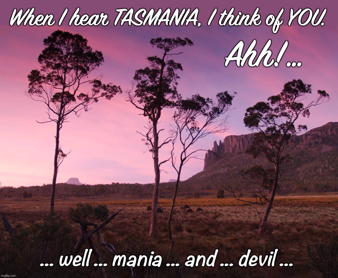 Ah, TASMANIA! | When I hear TASMANIA, I think of YOU. Ahh!... ... well ... mania ... and ... devil ... | image tagged in maniac,devil,tasmania,landscape,dark humor,rick75230 | made w/ Imgflip meme maker