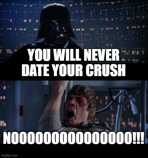 I refuse to believe that. | YOU WILL NEVER DATE YOUR CRUSH; NOOOOOOOOOOOOOOO!!! | image tagged in memes,star wars no,crush,school,relatable | made w/ Imgflip meme maker