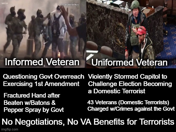 No Negotiations, No VA Benefits for Terrorists | Informed Veteran; Uniformed Veteran; Questioning Govt Overreach
Exercising 1st Amendment; Violently Stormed Capitol to 
Challenge Election Becoming
a Domestic Terrorist; Fractured Hand after
Beaten w/Batons & 
Pepper Spray by Govt; 43 Veterans (Domestic Terrorists)
Charged w/Crimes against the Govt; No Negotiations, No VA Benefits for Terrorists | image tagged in maga,capitol riots,nevertrump,trump unfit unqualified dangerous,democracy | made w/ Imgflip meme maker